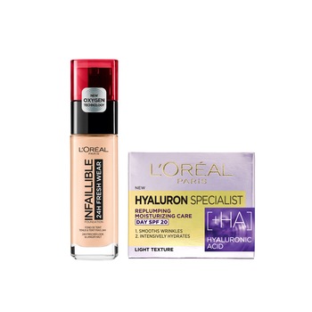 Set Fond de ten L'Oreal Paris Infaillible 24H 140 Golden Beige, 30 ml + Crema antirid de zi L'Oreal Paris Hyaluron Specialist cu acid hialuronic, 50 ml Set Fond de ten L'Oreal Paris Infaillible 24H 140 Golden Beige, 30 ml + Crema antirid de zi L'Oreal Paris Hyaluron Specialist cu acid hialuronic, 50 ml