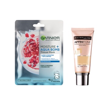 Set Fond de ten Maybelline New York Affinitone 03 Light Sandbeige, 30 ml + Masca servetel Garnier Moisture + Aqua Bomb cu rodie, 32 g Set Fond de ten Maybelline New York Affinitone 03 Light Sandbeige, 30 ml + Masca servetel Garnier Moisture + Aqua Bomb cu rodie, 32 g
