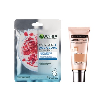 Set Fond de ten Maybelline New York Affinitone 24 Golden Beige, 30 ml + Masca servetel Garnier Moisture + Aqua Bomb cu rodie, 32 g Set Fond de ten Maybelline New York Affinitone 24 Golden Beige, 30 ml + Masca servetel Garnier Moisture + Aqua Bomb cu rodie, 32 g