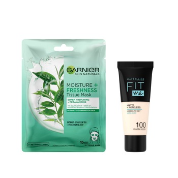 Set Fond de ten Maybelline New York Fit Me Matte & Poreless 100 Warm Ivory, 30 ml + Masca servetel Garnier Moisture + Freshness cu ceai verde pentru ten normal si mixt, 32 g Set Fond de ten Maybelline New York Fit Me Matte & Poreless 100 Warm Ivory, 30 ml + Masca servetel Garnier Moisture + Freshness cu ceai verde pentru ten normal si mixt, 32 g
