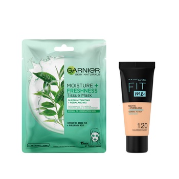 Set Fond de ten Maybelline New York Fit Me Matte & Poreless 120 Classic Ivory, 30 ml + Masca servetel Garnier Moisture + Freshness cu ceai verde pentru ten normal si mixt, 32 g Set Fond de ten Maybelline New York Fit Me Matte & Poreless 120 Classic Ivory, 30 ml + Masca servetel Garnier Moisture + Freshness cu ceai verde pentru ten normal si mixt, 32 g