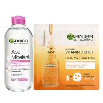 Set ingrijire ten Garnier: Apa micelara pentru ten sensibil, 400 ml + Masca servetel Fresh-Mix Vitamin C, 33 g Set ingrijire ten Garnier: Apa micelara pentru ten sensibil, 400 ml + Masca servetel Fresh-Mix Vitamin C, 33 g