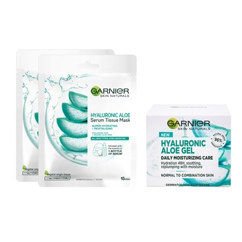 Set ingrijire ten Garnier: Gel hidratant cu Aloe Vera pentru ten normal si mixt, 50 ml + 2 x Masca servetel cu acid hialuronic si aloe vera, 28 g Set ingrijire ten Garnier: Gel hidratant cu Aloe Vera pentru ten normal si mixt, 50 ml + 2 x Masca servetel cu acid hialuronic si aloe vera, 28 g