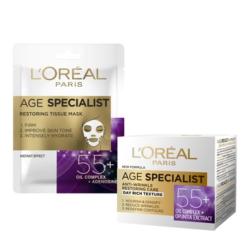 Set ingrijire ten L'Oreal Paris Age Specialist 55+: Crema antirid de zi, 50 ml + Masca servetel, 30 g Set ingrijire ten L'Oreal Paris Age Specialist 55+: Crema antirid de zi, 50 ml + Masca servetel, 30 g