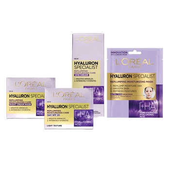 Set ingrijire ten L'Oreal Paris Hyaluron Specialist cu acid hialuronic: Crema antirid de zi, 50 ml + Crema antirid de noapte, 50 ml + Crema antirid de ochi, 15 ml + Masca servetel hidratanta pentru volumul tenului, 32 g Set ingrijire ten L'Oreal Paris Hyaluron Specialist cu acid hialuronic: Crema antirid de zi, 50 ml + Crema antirid de noapte, 50 ml + Crema antirid de ochi, 15 ml + Masca servetel hidratanta pentru volumul tenului, 32 g