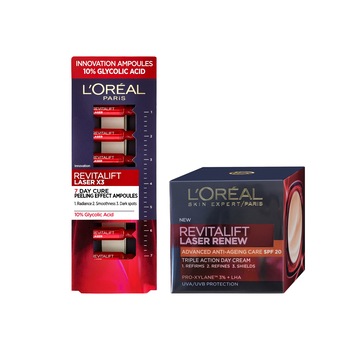 Set ingrijire ten L'Oreal Paris Revitalift Laser Renew: Crema antirid de zi SPF 20, 50 ml + Ser fiole antirid cu acid glicolic, 7 x 1 ml Set ingrijire ten L'Oreal Paris Revitalift Laser Renew: Crema antirid de zi SPF 20, 50 ml + Ser fiole antirid cu acid glicolic, 7 x 1 ml