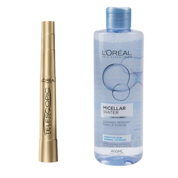 Set L'Oreal Paris: Mascara Telescopic Black, 8 ml + Apa micelara pentru ten normal-mixt, 400 ml Set L'Oreal Paris: Mascara Telescopic Black, 8 ml + Apa micelara pentru ten normal-mixt, 400 ml