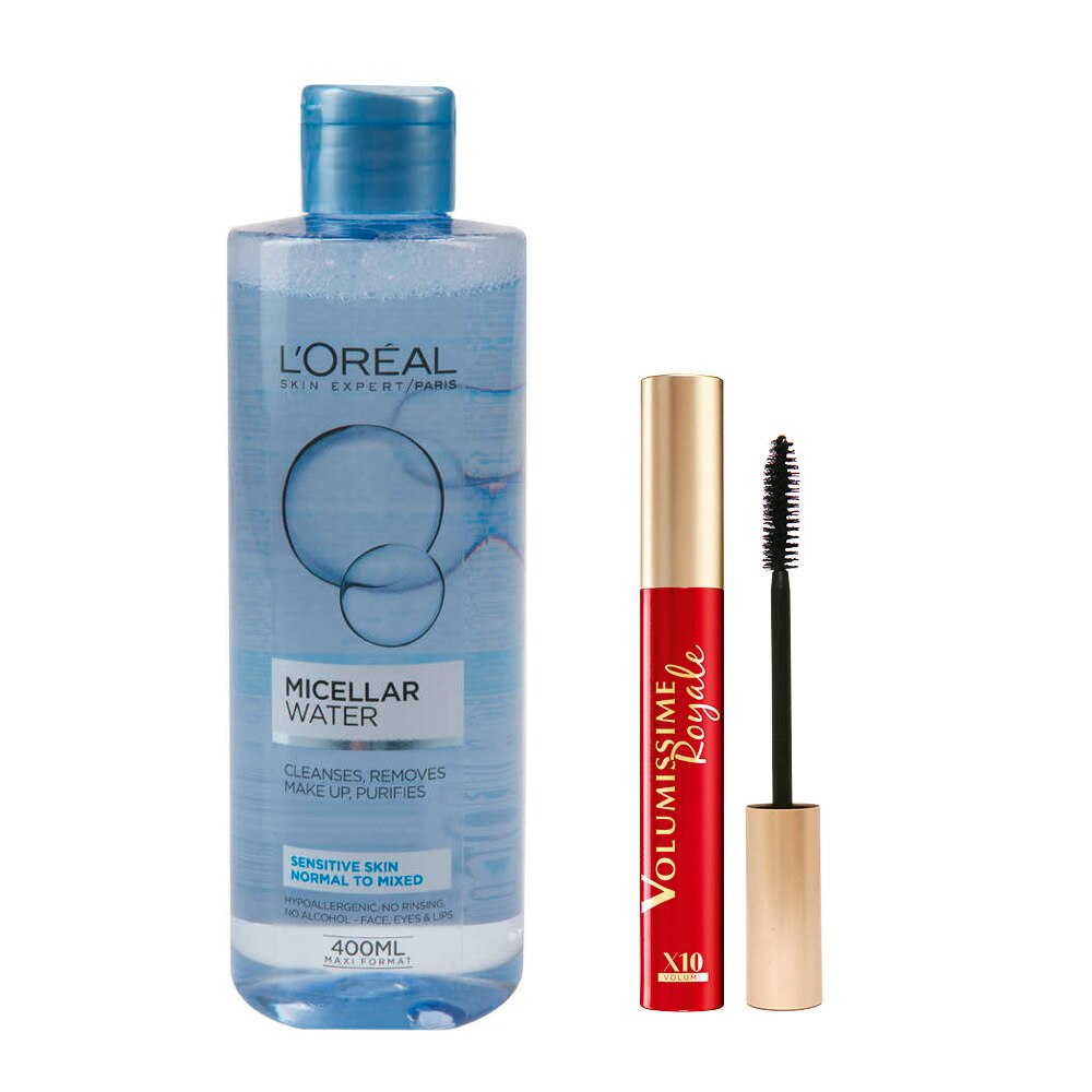 Set L'Oreal Paris: Mascara Volumissime Royale Black, 7.9 ml + Apa micelara pentru ten normal-mixt, 400 ml