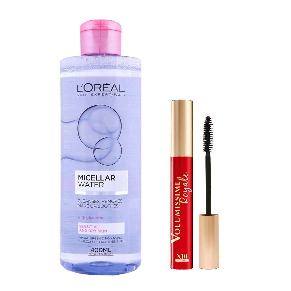 Set L'Oreal Paris: Mascara Volumissime Royale Black, 7.9 ml + Apa micelara pentru ten sensibil-uscat, 400 ml