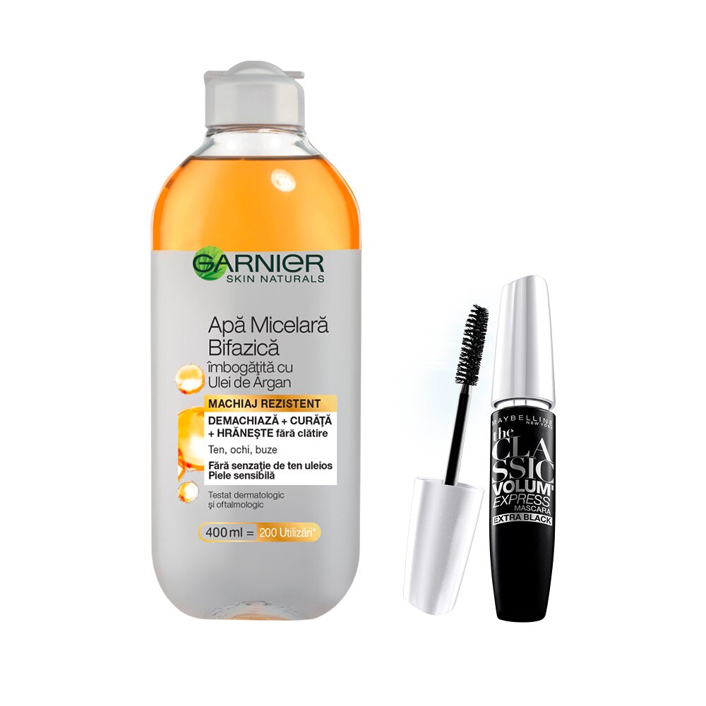 Set Mascara Maybelline New York Volum' Express The Classic Volume Express Extra Black, 10 ml + Apa micelara bifazica Garnier pentru ten sensibil, 400 ml