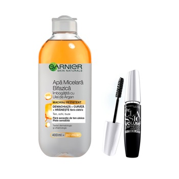 Set Mascara Maybelline New York Volum' Express The Classic Volume Express Extra Black, 10 ml + Apa micelara bifazica Garnier pentru ten sensibil, 400 ml Set Mascara Maybelline New York Volum' Express The Classic Volume Express Extra Black, 10 ml + Apa micelara bifazica Garnier pentru ten sensibil, 400 ml
