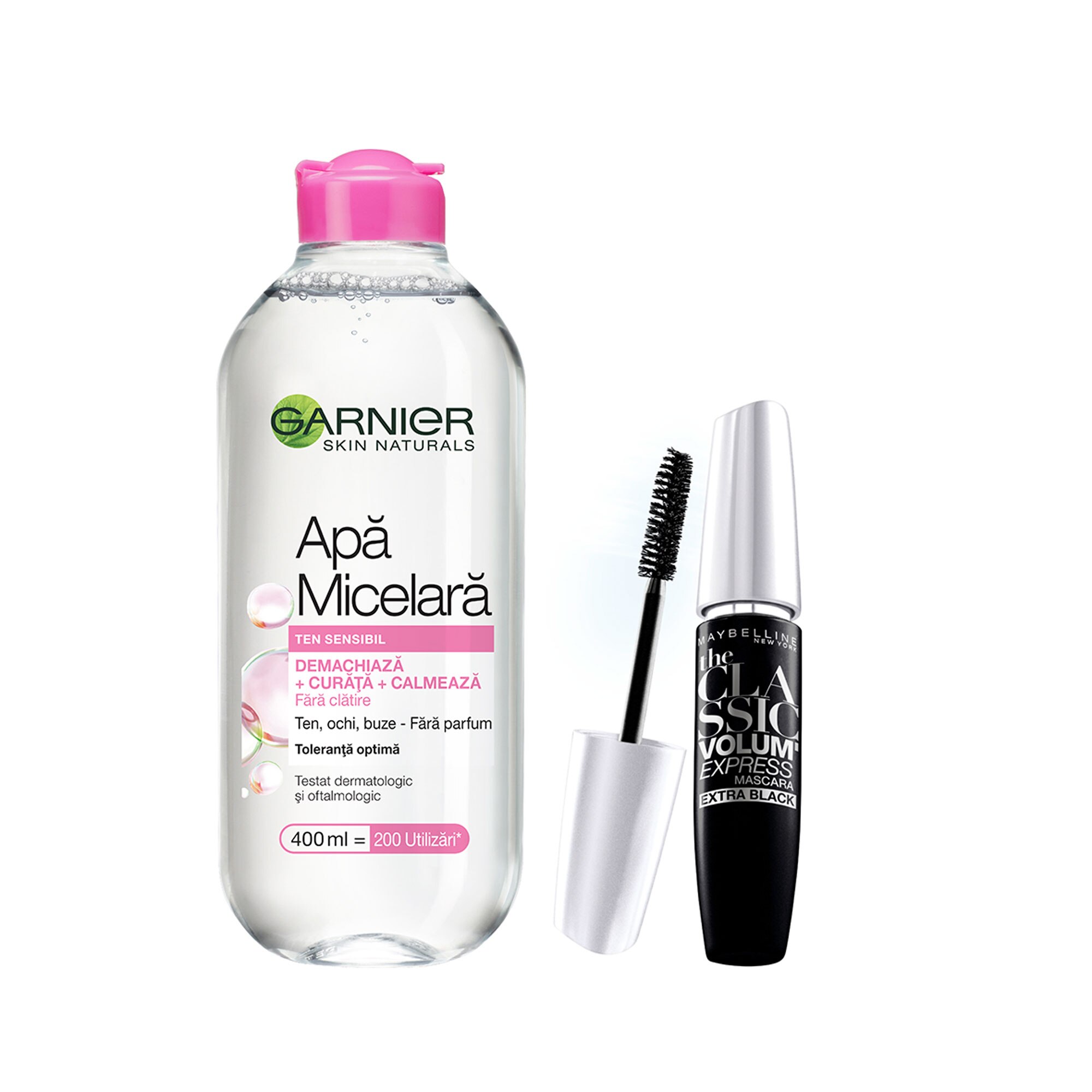Set Mascara Maybelline New York Volum' Express The Classic Volume Express Extra Black, 10 ml + Apa micelara Garnier pentru ten sensibil, 400 ml