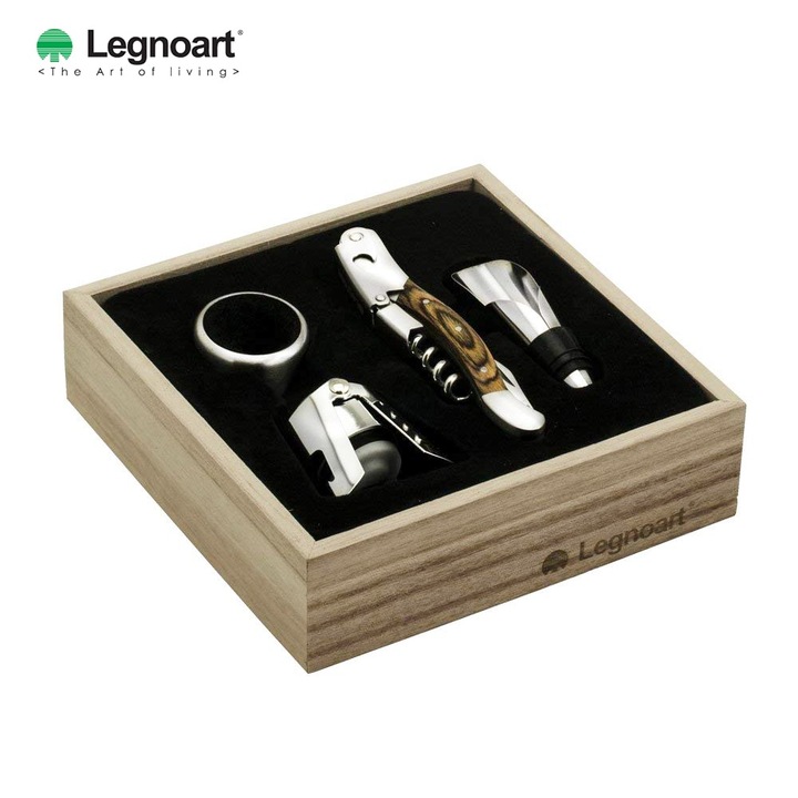 Set 4 accesorii pentru vin Legnoart, Memorabile Wine Connoisseur, cutie din lemn de inalta calitate, finisaj artizanal, maro/negru/argintiu