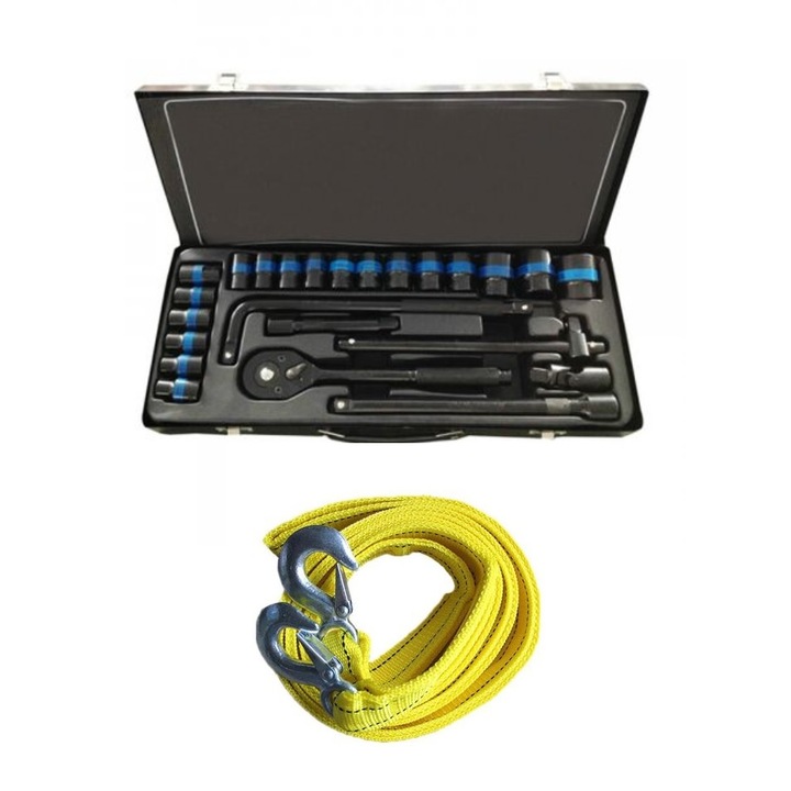 Trusa 24 piese BRT , cheie clichet si tubulare 12 laturi, crom-vanadium si Chinga remorcare 4.2 m, 3 Tone