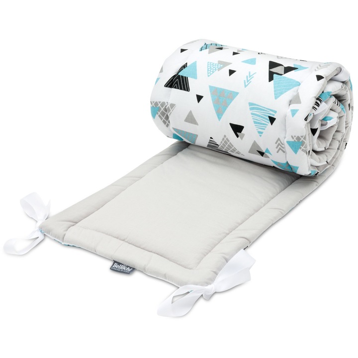 Protectie laterala pentru patut bebelusi, Bumbac, 180x30cm, alb, turcoaz, gri, Tresor