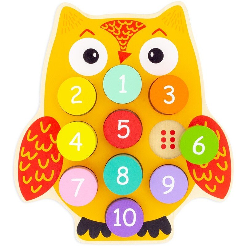 Puzzle cifre, bufnita, 10 piese, lemn