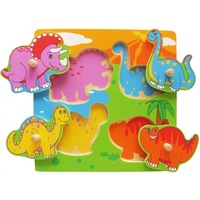 puzzle incastru din lemn dinozauri 4 piese cu buton imagine imprimata pe placa educativ sigur pentru copii mici 12 luni  multicolor imagen 37_0_
0