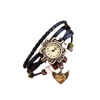 Ceas de dama Retro Vintage, curea din imitatie de piele, accesoriu inima, LRTM, culoare negru Ceas de dama Retro Vintage, curea din imitatie de piele, accesoriu inima, LRTM, culoare negru