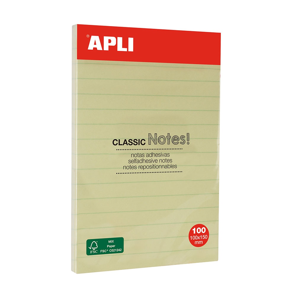 Notite autoadezive liniate Apli, galbene, 150 x100mm, cu linii albastre