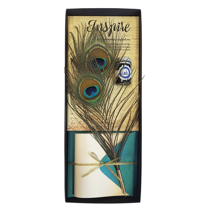 Set cadou caligrafie „INSPIRE“ cu pana de paun, plicuri si hartie de scris