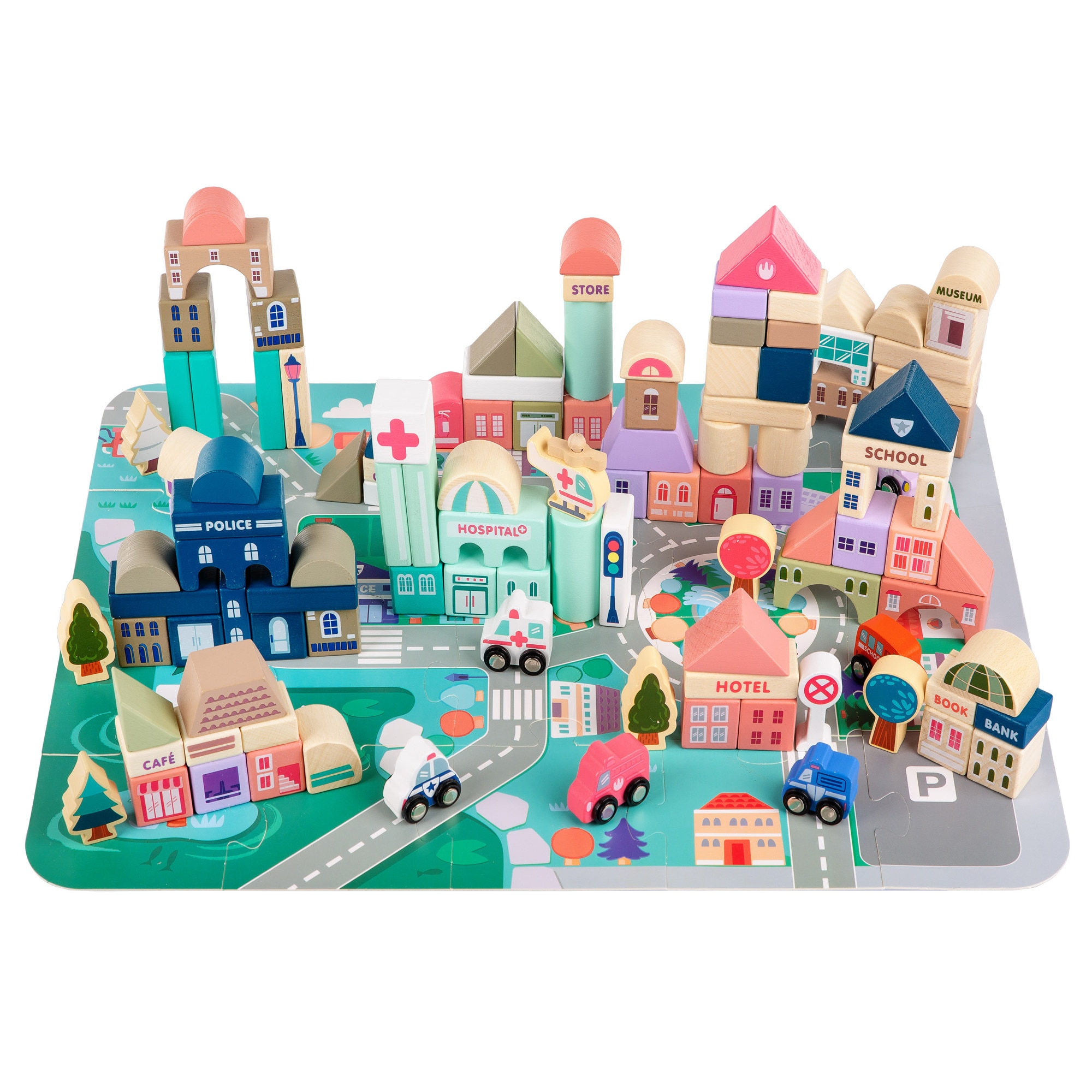 Set Constructie Cuburi din Lemn Natural 115 Piese 