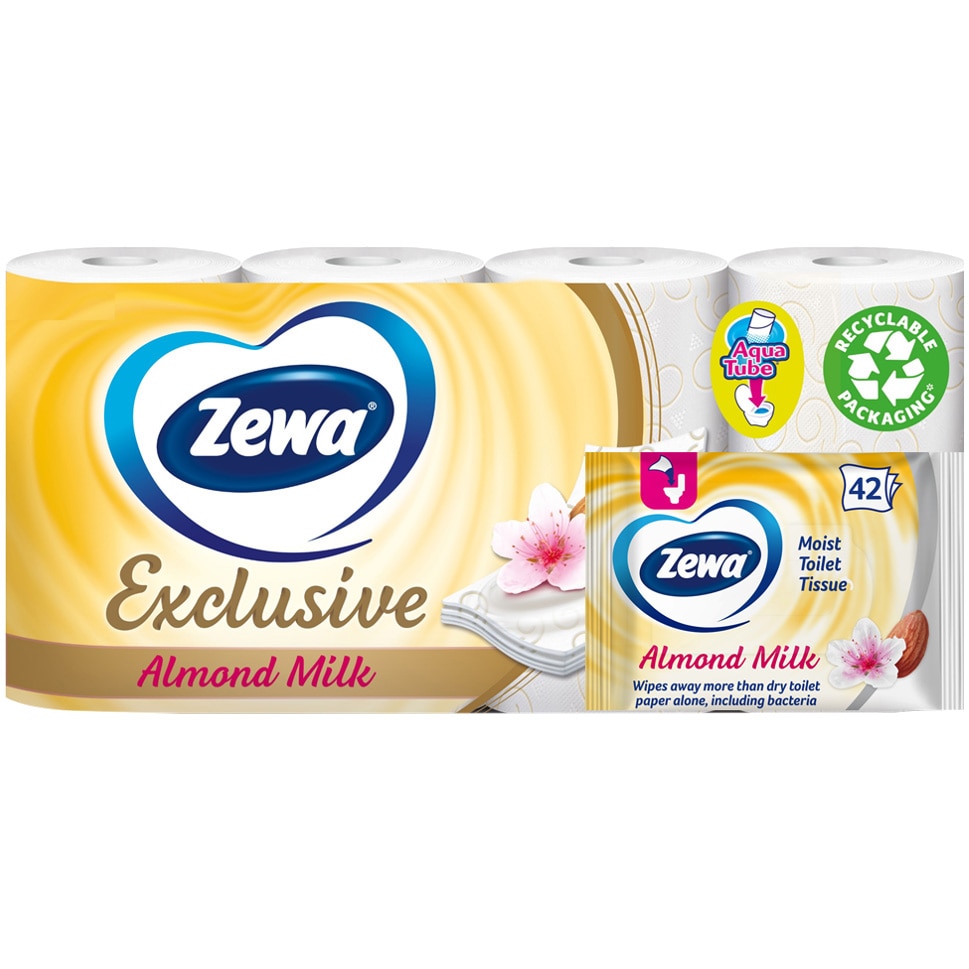 Pachet promo Hartie igienica Zewa Exclusive Almond Milk, 4 straturi, 8 role + igienica umeda Almond, 42 bucati - eMAG.ro