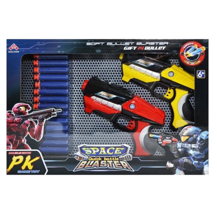 Set 2 Pistoale Space Blaster, gloante cu ventuze din spuma, multicolor