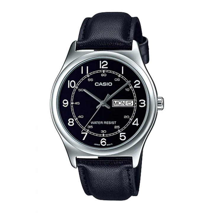 Мъжки часовник, CASIO, MTP-V006L-1B2UDF, Кварц, Ежедневен, Минерал кристал, Стомана/Естествена кожа, Черен/Сребрист, 38 mm