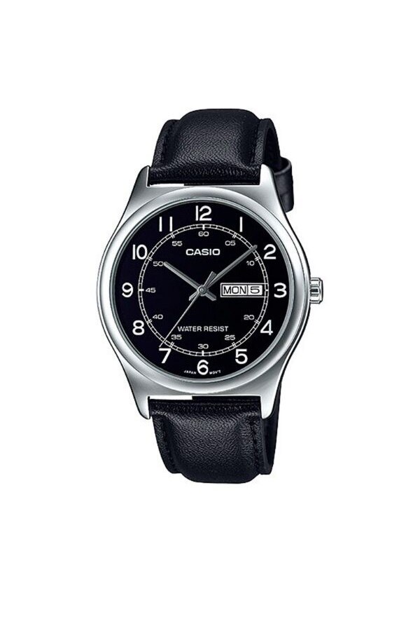 Ceas barbatesc, CASIO, MTP-V006L-1B2UDF, Quartz, Casual, Cristal mineral, Otel/Piele naturala, Negru/Argintiu, 38 mm