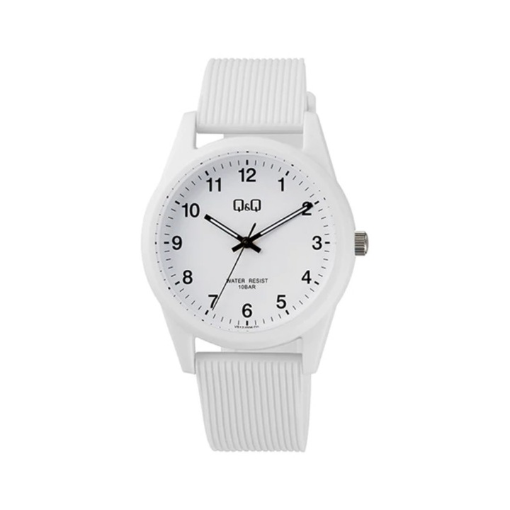 Ceas barbatesc Q&Q Sport, analog, rezistent la apa, bratara din cauciuc, alb