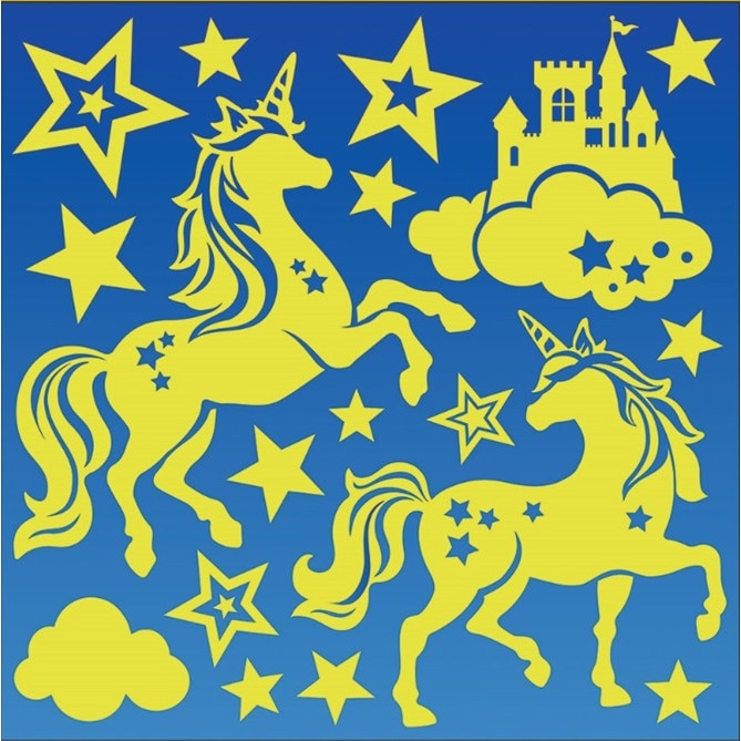 Autocolant fosforescent unicorni cu stele si castel, 25 x 25 cm
