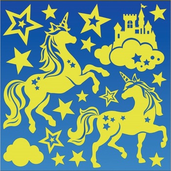 Autocolant fosforescent unicorni cu stele si castel, 25 x 25 cm Autocolant fosforescent unicorni cu stele si castel, 25 x 25 cm