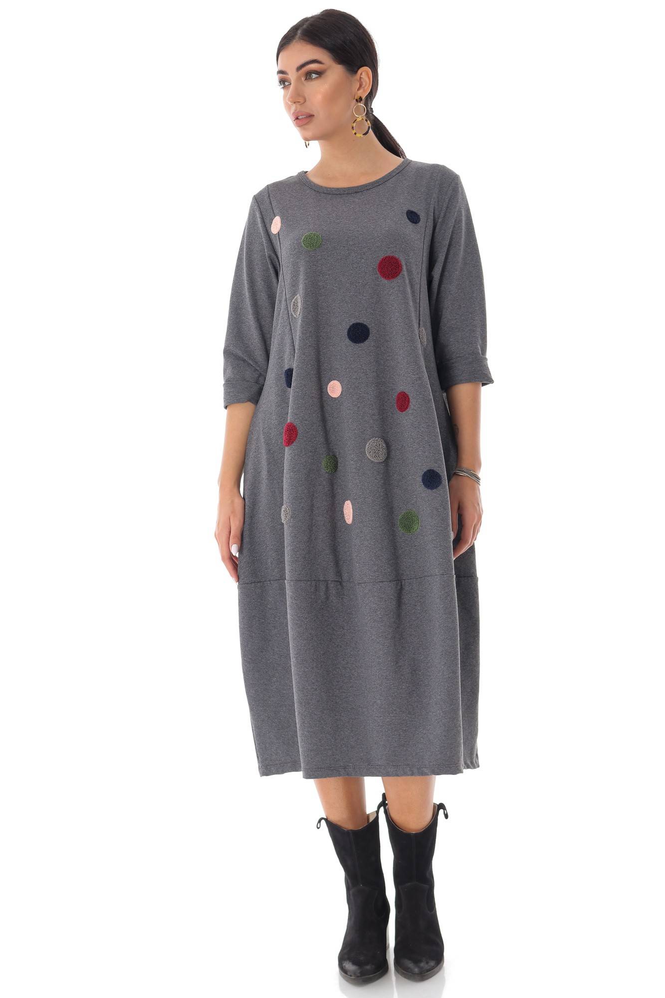 Rochie midi, cu maneci lungi, cu buline - ROH, Gri, One Size