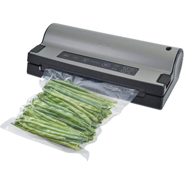 Aparat de vidat Solis, Vac Prestige 575, functie complet automata sau manuala, 2 viteze, functie Pulse, 12 litri/min, putere mare aspirare, furtun pentru vidare caserole, cutter pentru folie incorporat, argintiu, negru