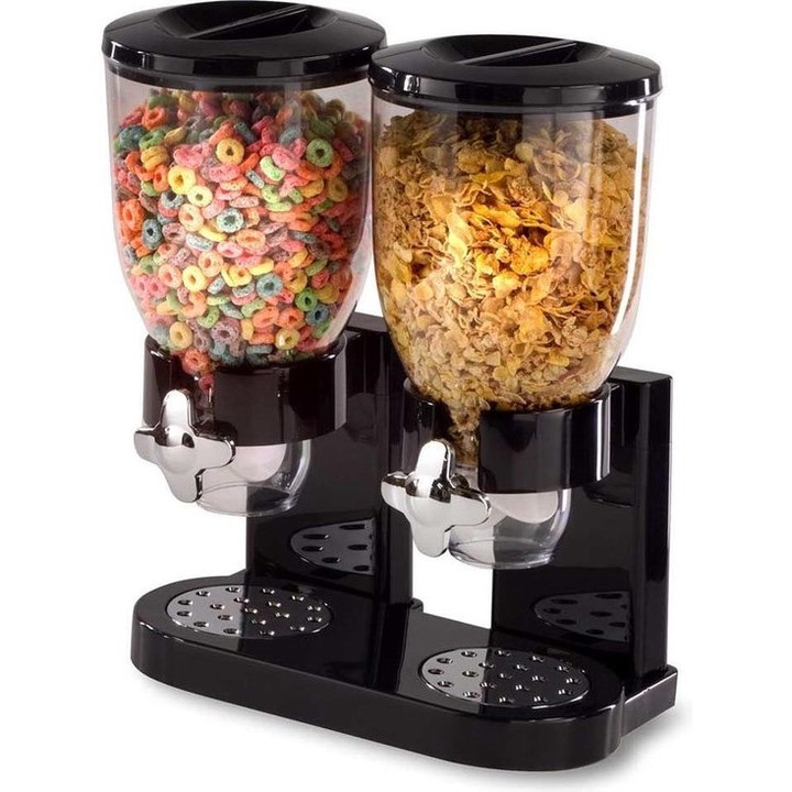 Dispencer pentru cereale, Haushalt International, Negru, 2x3.5l, 32,6x19x42 cm
