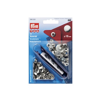 Set capse metalice, anorak pentru textile, argintii, de 15 mm, cu aplicator, Prym Set capse metalice, anorak pentru textile, argintii, de 15 mm, cu aplicator, Prym