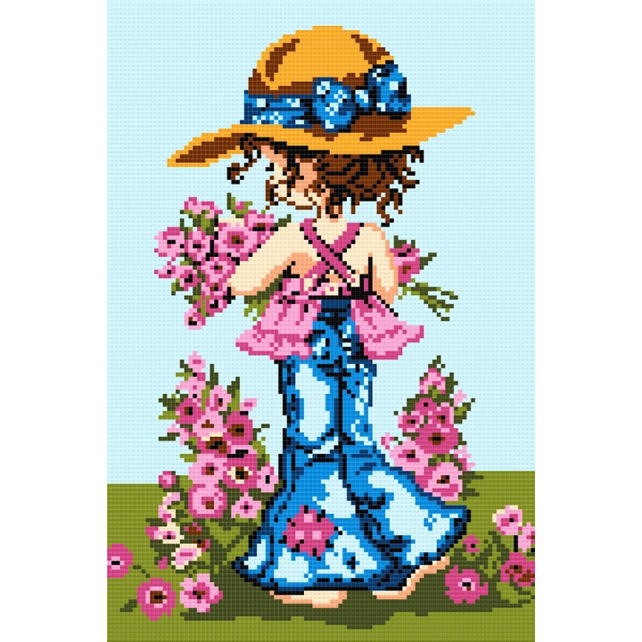 Goblen Fetita cu flori 1 , Hudemas , kit goblen cu diagrama alb negru , cu fire mouline