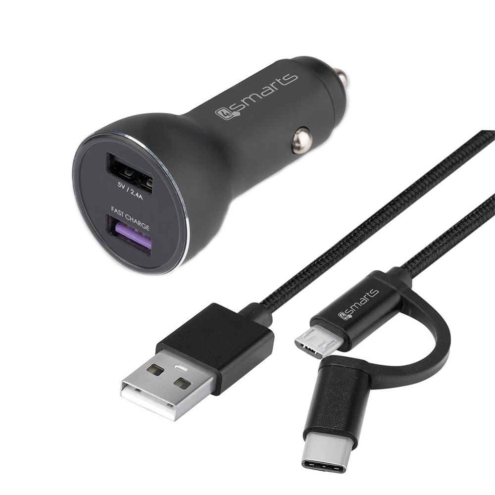 Incarcator auto cu cablu USB-C si MicroUSB, 4smarts Fast Car Charger Set, negru