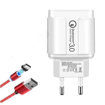 Set Incarcator Priza 18w Qualcomm Quick Charge 3.0 + Cablu Conector Magnetic Micro Usb - 2,4 A Set Incarcator Priza 18w Qualcomm Quick Charge 3.0 + Cablu Conector Magnetic Micro Usb - 2,4 A