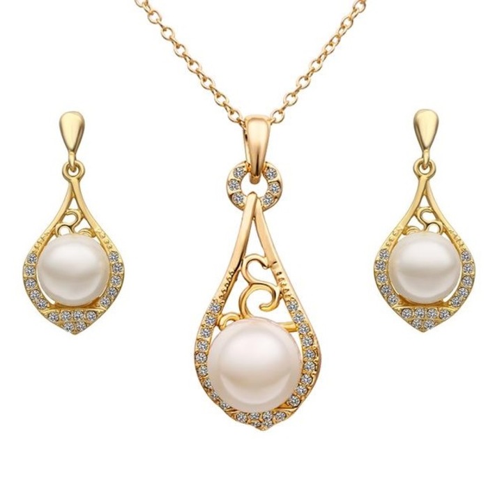 Arannyal bevont ékszerszett nőknek, szimulált gyöngyökkel, egyedi kristályokkal