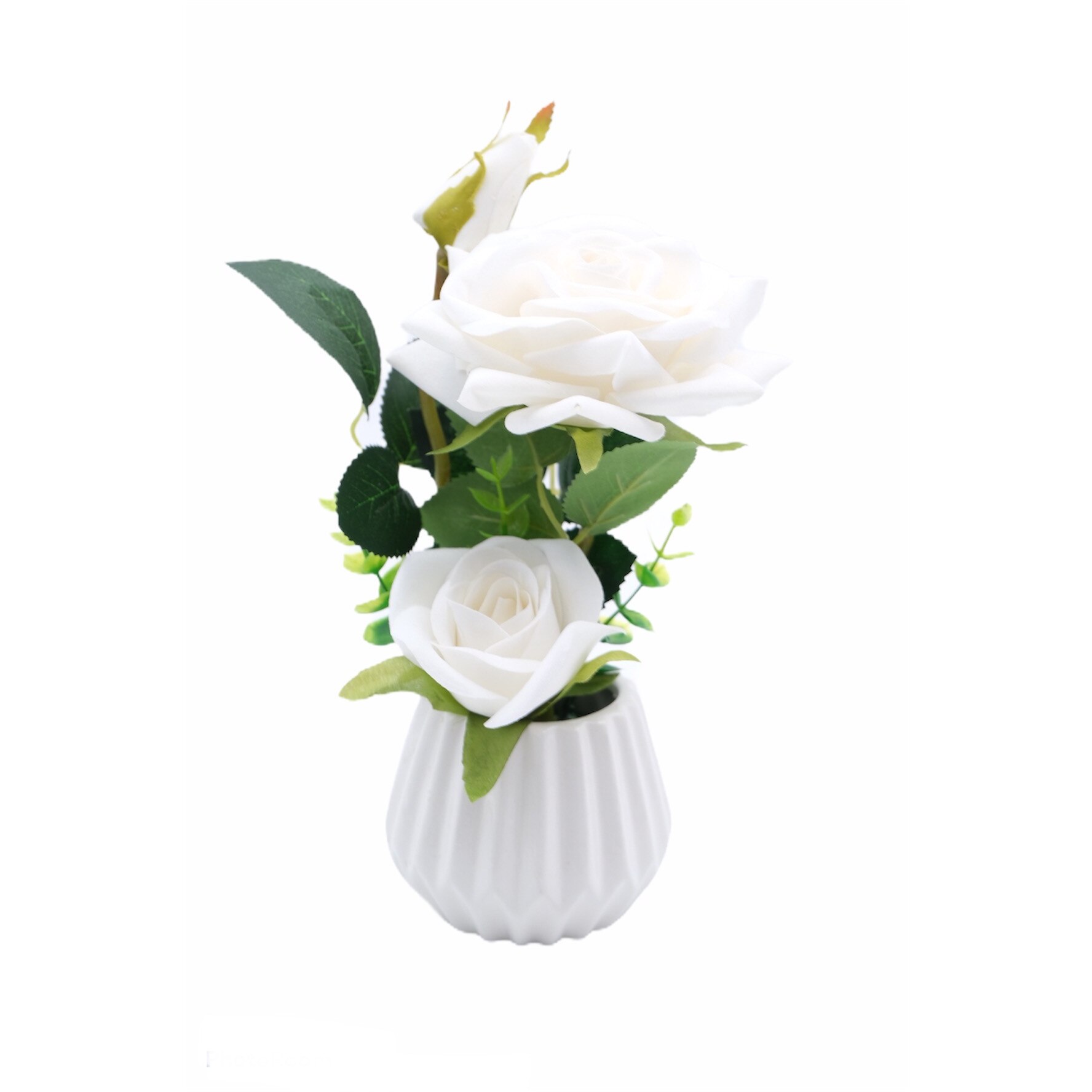 Floare artificiala decorativa cu ghiveci, alb, Trandafiri, 24 cm