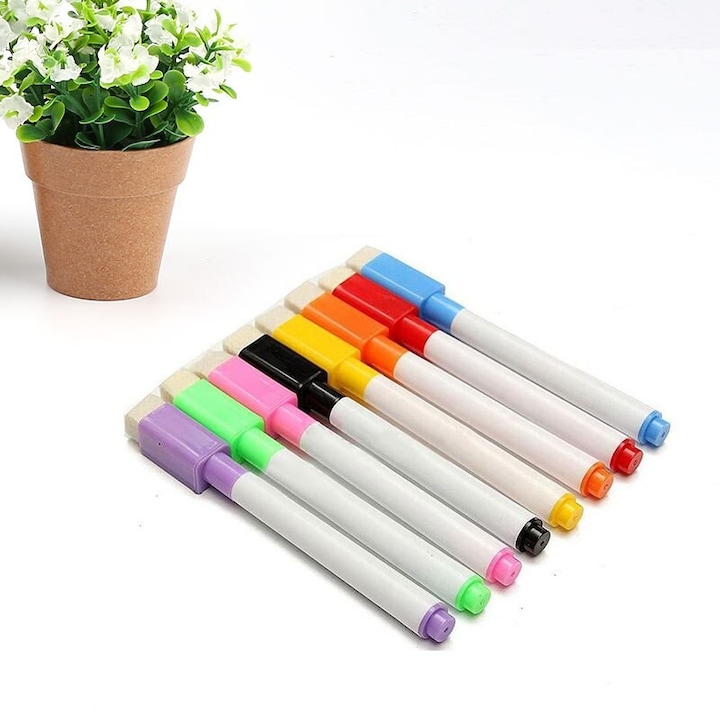 Markere colorate pentru tabla magnetica, ProCart, capac cu magnet si burete pentru sters, set 8 bucati