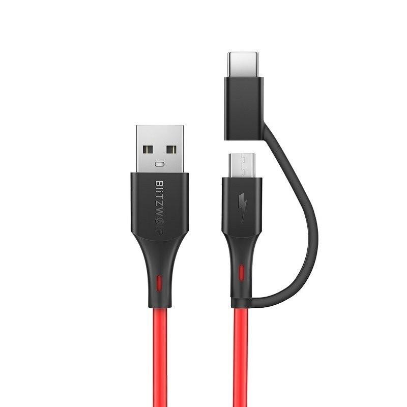 Cablu pentru incarcare si transfer de date BlitzWolf BW-MT3, USB - Micro-USB/USB Type-C, Quick Charge 3.0, 3A, 1.8m, Rosu