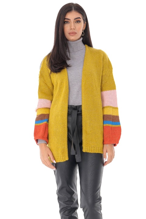 Cardigan de dama, oversize, ROH, cu dungi pe maneci - BR2348, Galben mustar