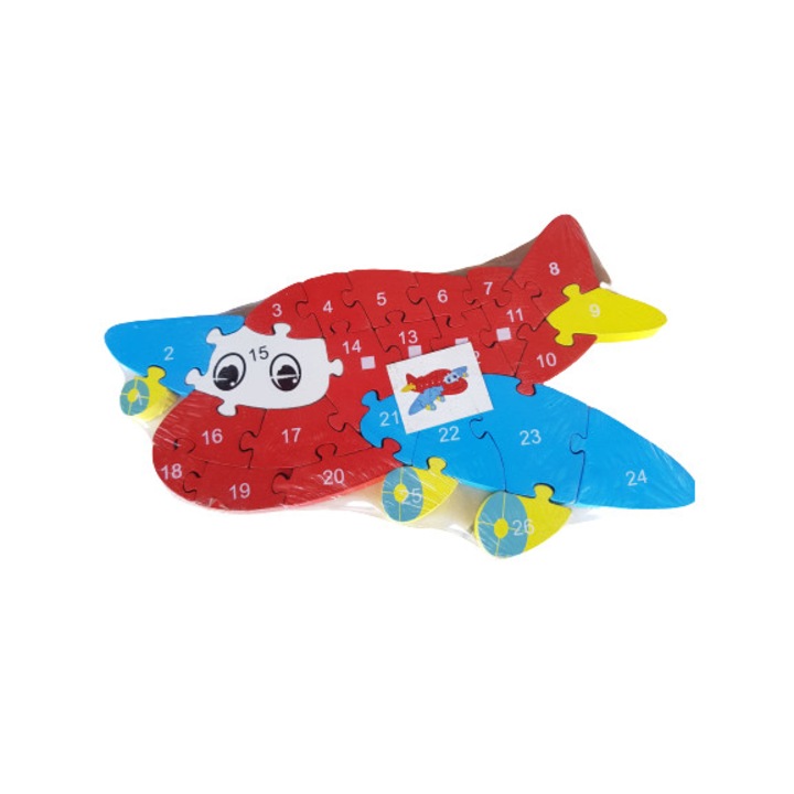 Ahelos puzzle, repülőgép, fa, 26 db, több színű