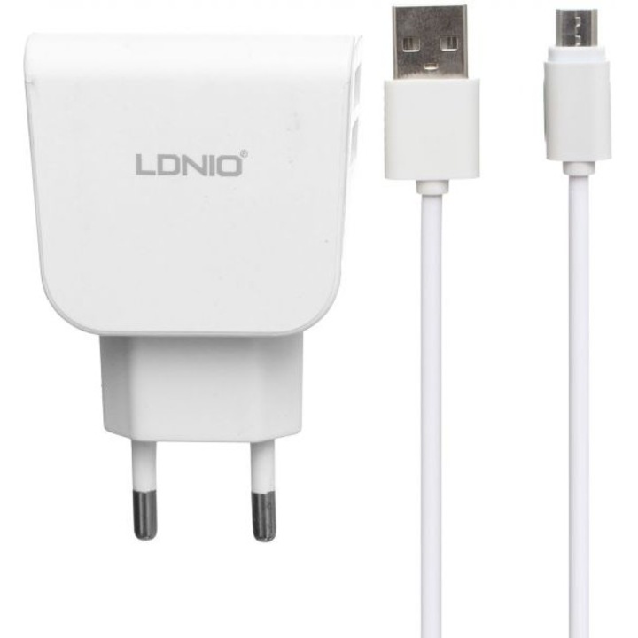 Töltő LDNIO DL-AC56, SS000116, Telefonhoz és tablethez, 220V/2.1A, 2 USB kimenettel és Micro USB kábellel