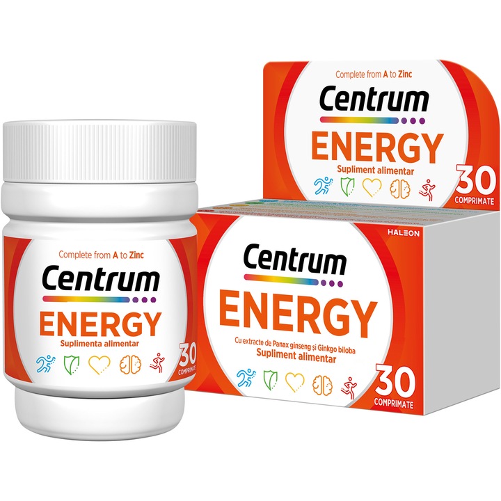 Centrum Energy multivitamine, multiminerale, Gingko biloba și Ginseng pentru susținerea nevoilor zilnice de energie ale adulților cu un stil de viață activ 30 comprimate filmate
