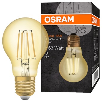 Bec LED vintage (decorativ) Osram 1906 CLAS A 63, E27, 7.5W (63W), 950 lm lumina calda (2500K) Bec LED vintage (decorativ) Osram 1906 CLAS A 63, E27, 7.5W (63W), 950 lm lumina calda (2500K)