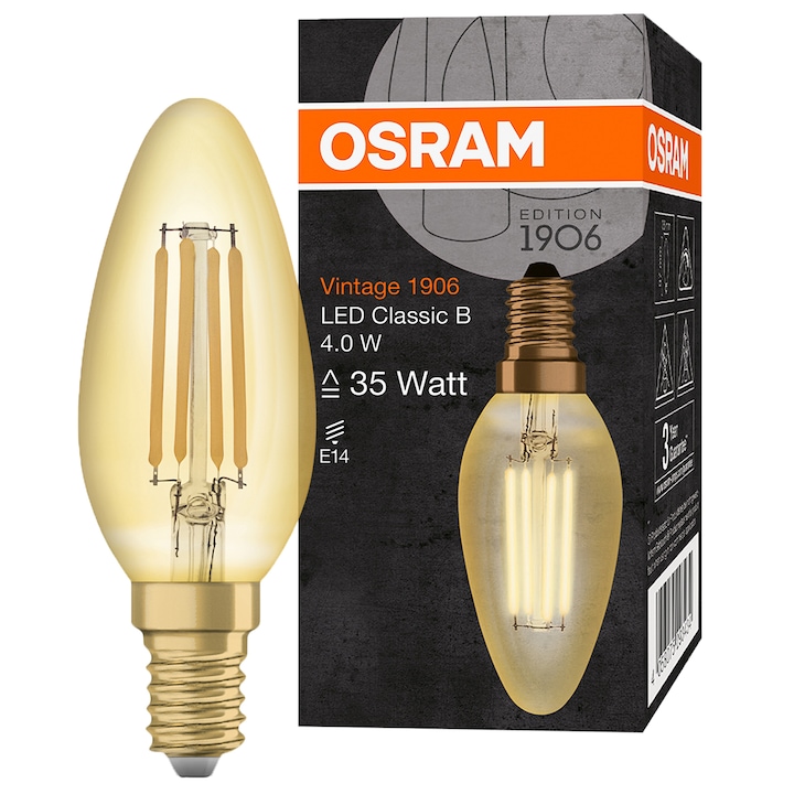 Bec LED Osram Vintage 1906 CL B FIL GOLD 35, E14, 4W, 410 lm, lumina calda (2400K), clasa energetica F