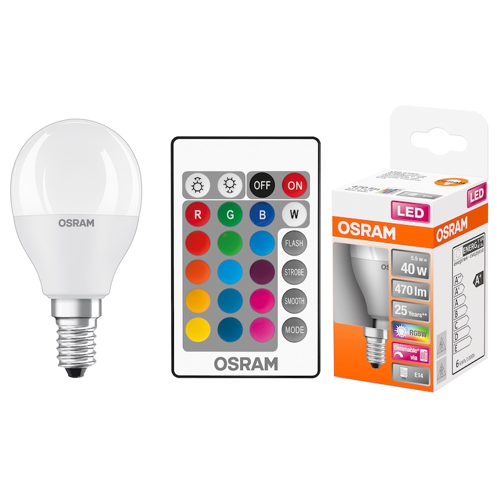 Bec LED RGBW cu telecomanda Osram Star, dimabil, P40, E14, 5.5W (40W), 470 lm, lumina alba si colorata, clasa energetica F